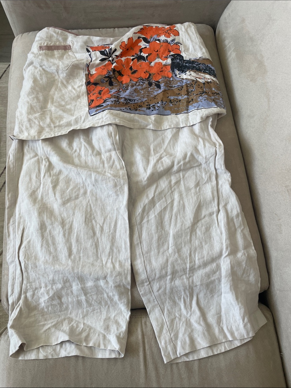 Linen Crop Pants with Floral Print Waistband - White & Orange